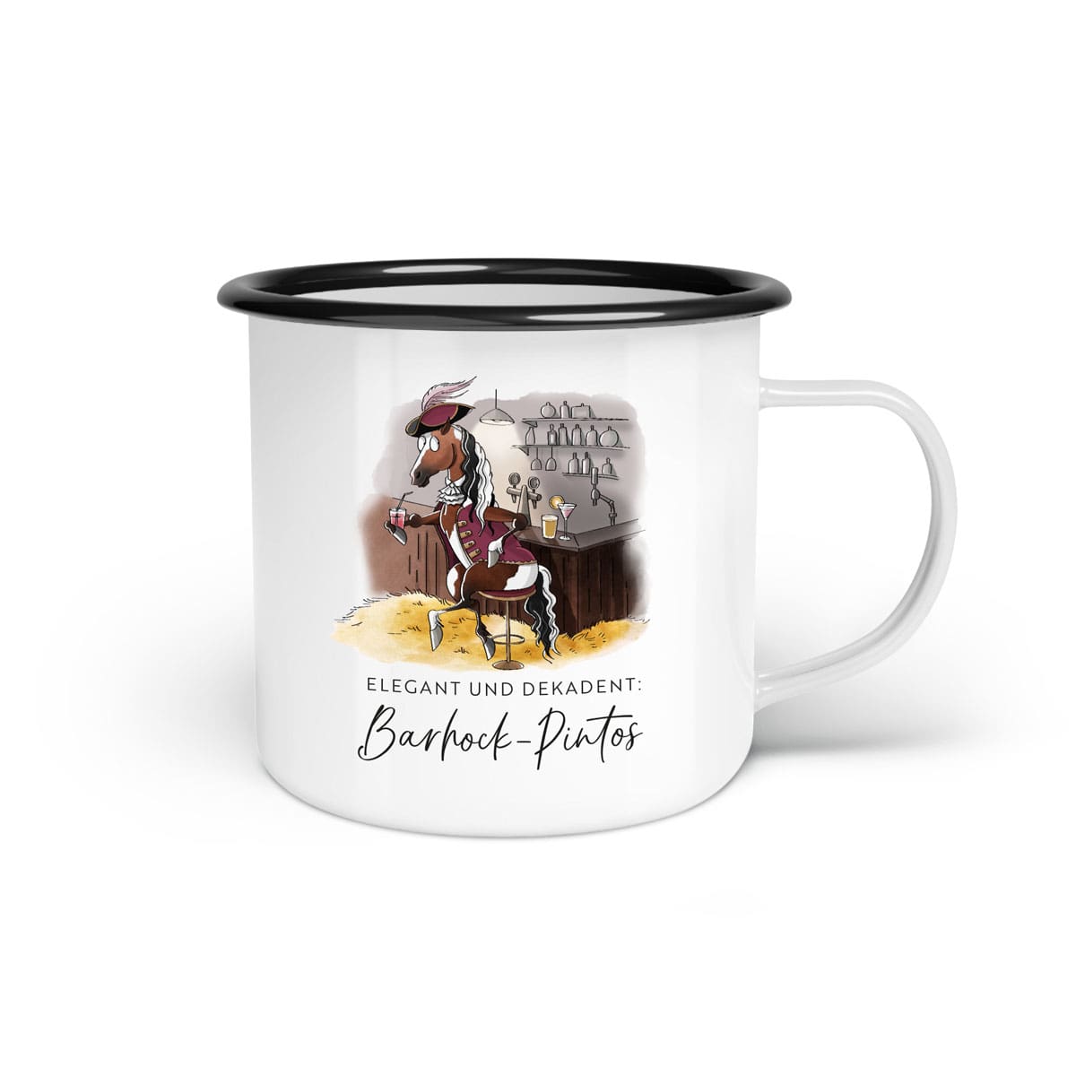 Emaille-Tasse "Barhock-Pintos"