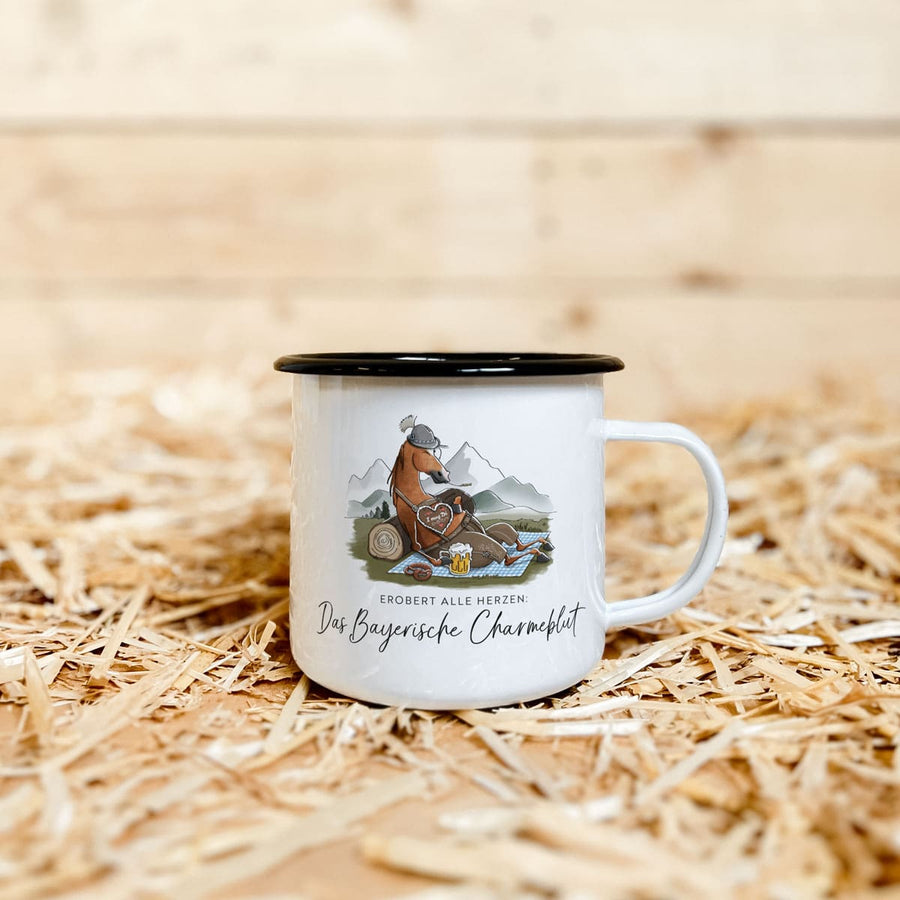 Emaille-Tasse "Bayerisches Charmeblut"