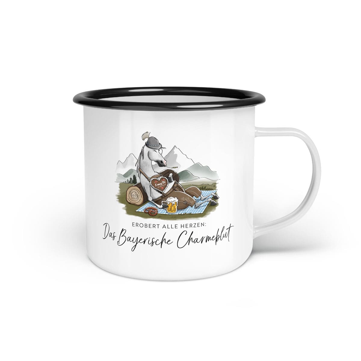 Emaille-Tasse "Bayerisches Charmeblut"