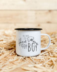 Emaille-Tasse "Heu-Boy"