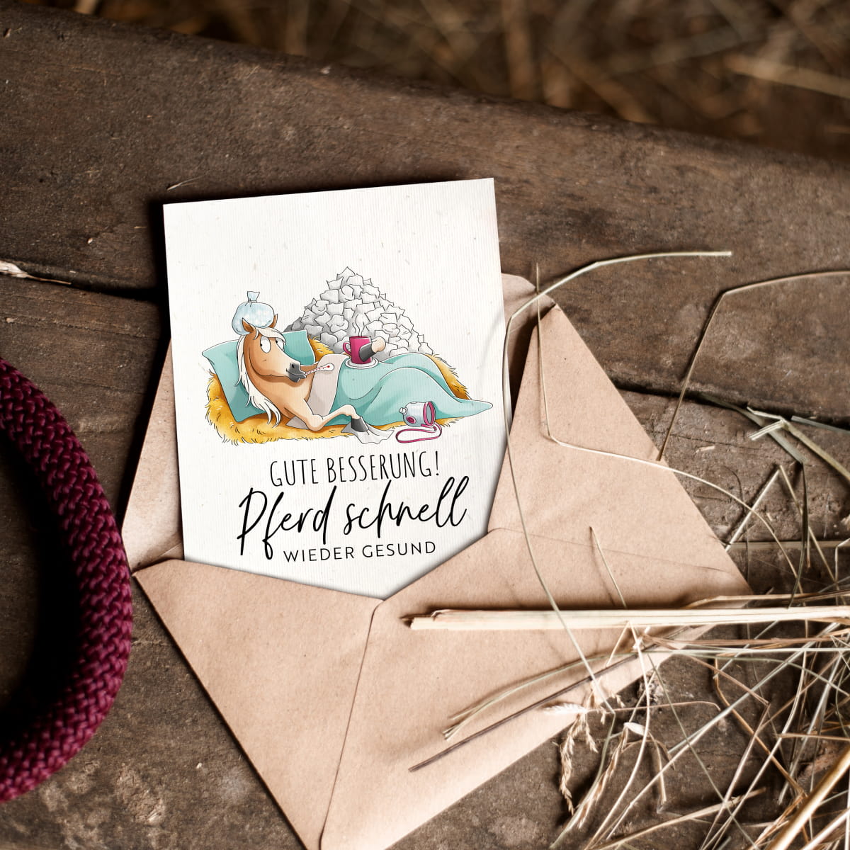 Strohpapier-Postkarte "Pferd schnell wieder gesund"