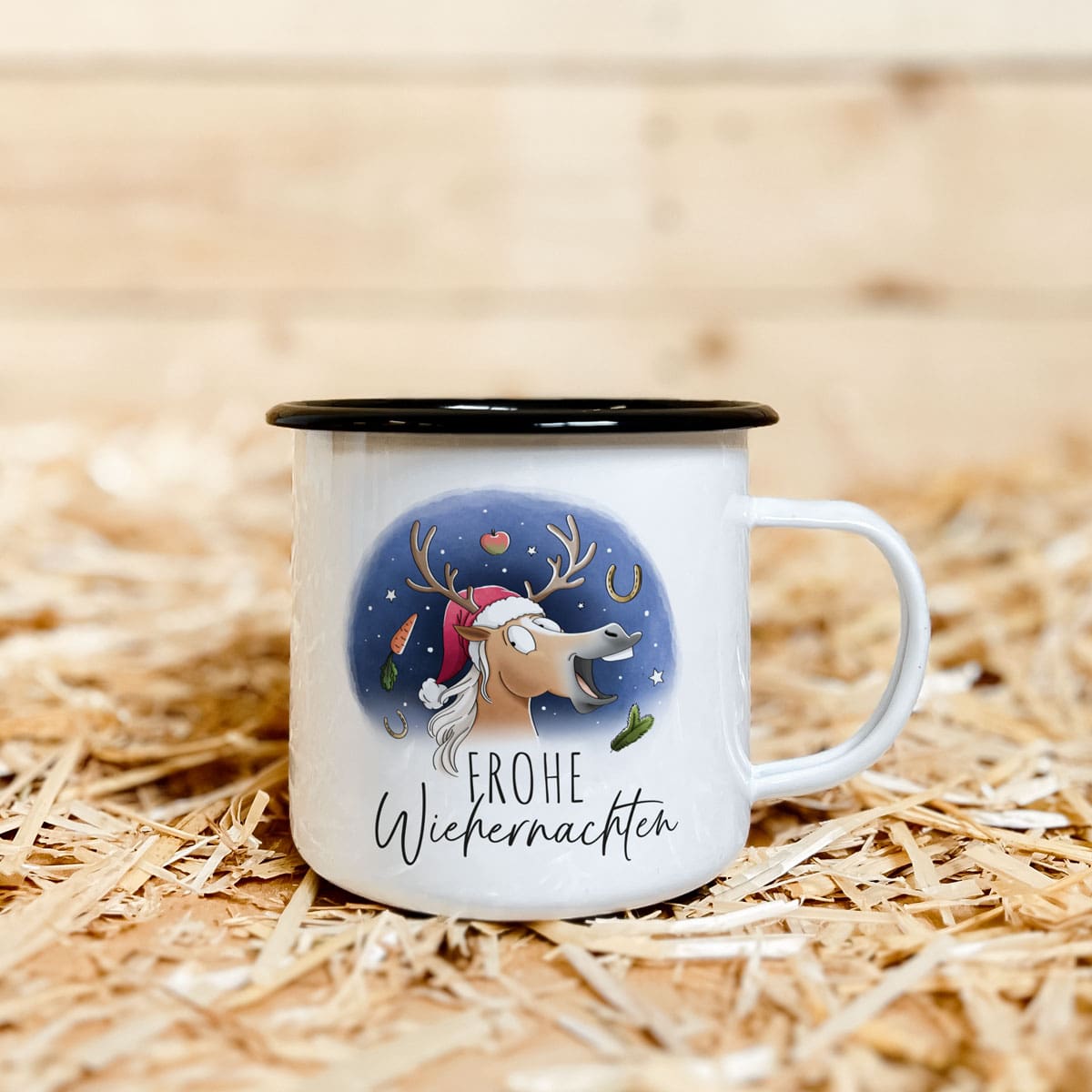 Emaille-Tasse "Frohe Wiehernachten"