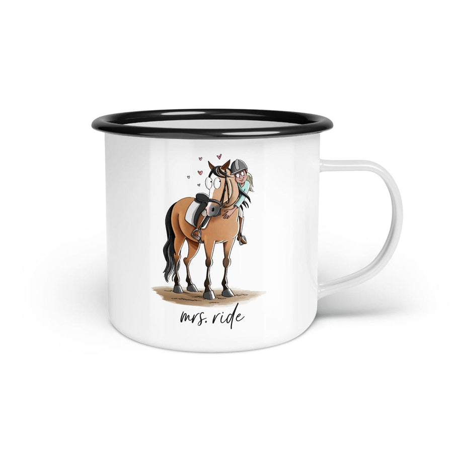 Emaille-Tasse "Mrs. ride"