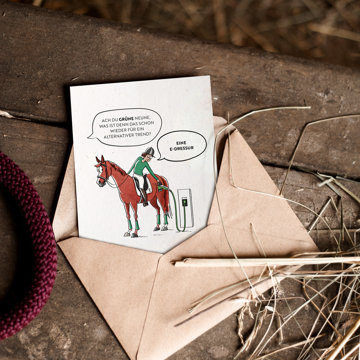 Strohpapier-Postkarte "E-Dressur"