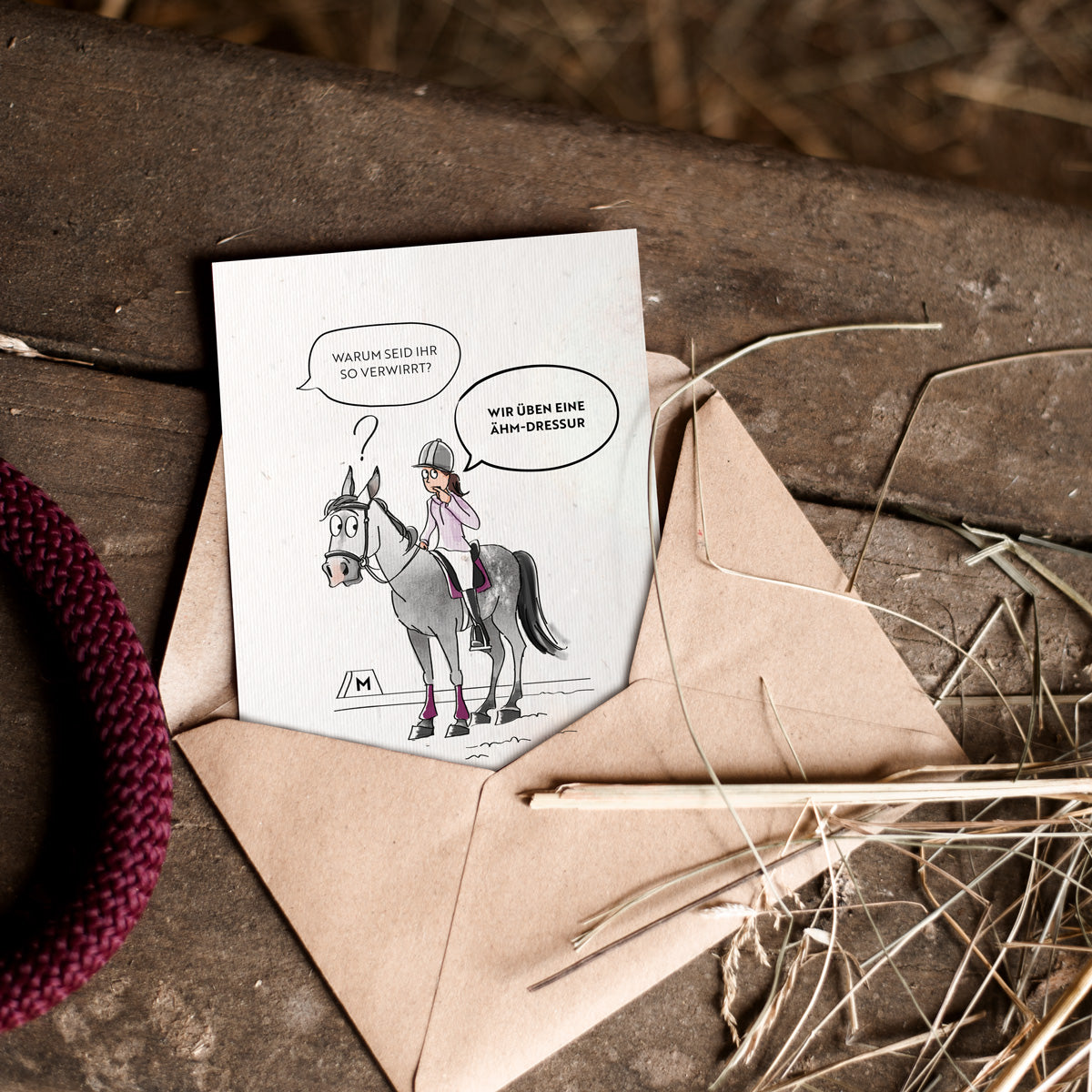 Strohpapier-Postkarte "Ähm-Dressur"