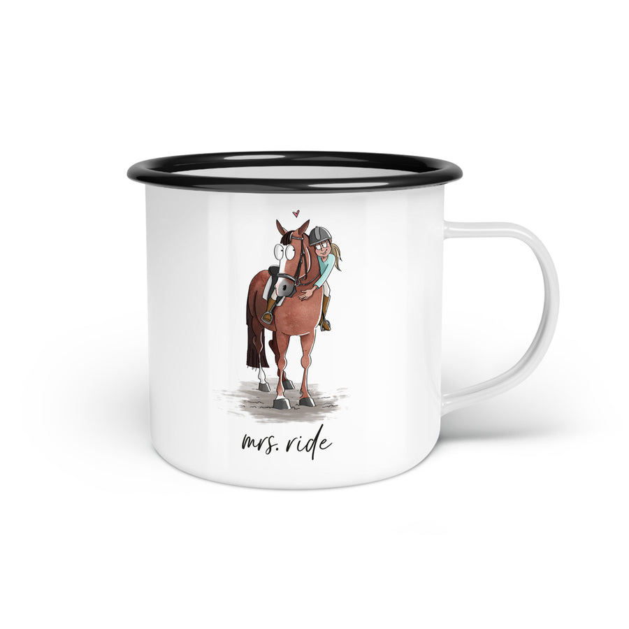 Emaille-Tasse "mrs. ride"